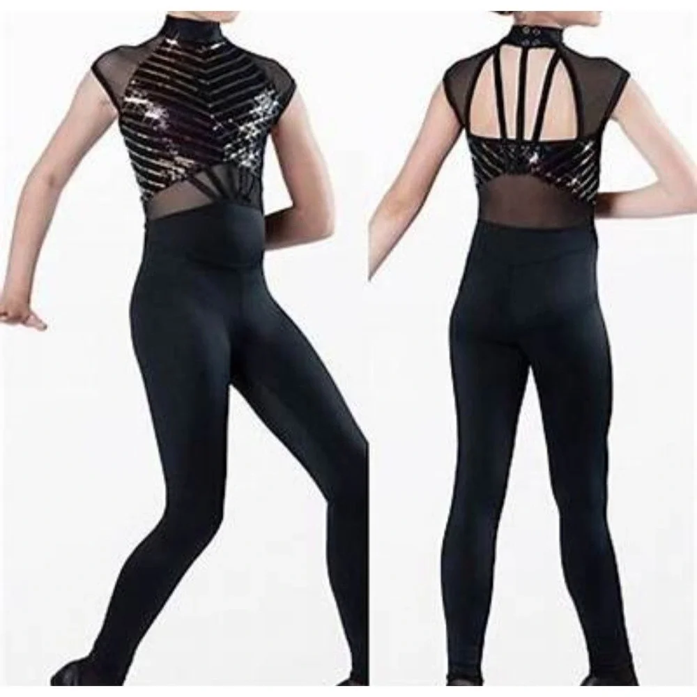 New XLC WEISSMAN Dance Costume Long Unitard Hit Me Hot Note 13784 Black Sequins